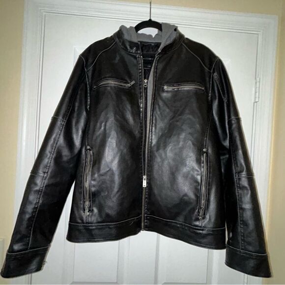 Guess Faux Leather Zipper Front Hooded Moto Jacket